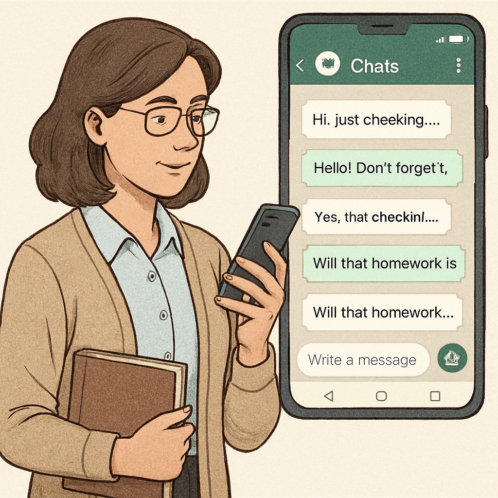 A teacher using a messaging app to communicate with students and parents about homework updates. Teacher using a messaging app to enhance communication with parents and students.