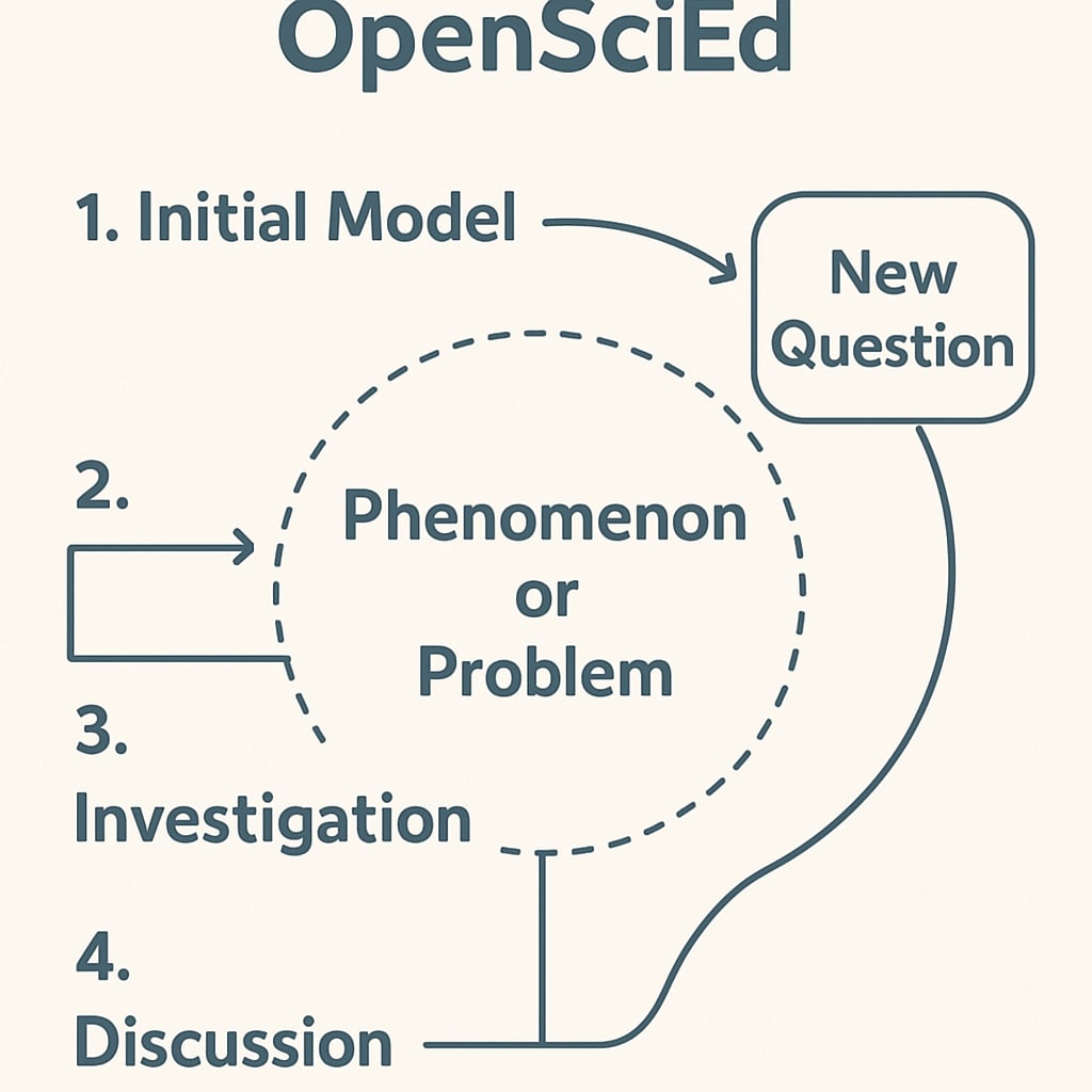 A graphic representation of the OpenSciEd curriculum flowchart, illustrating its inquiry-based learning structure. OpenSciEd curriculum flowchart graphic, showing inquiry-based learning design.