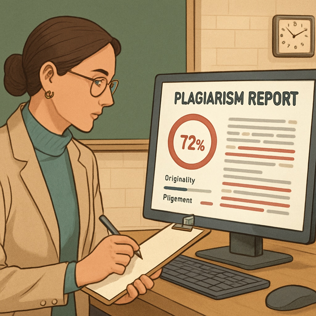 Teacher monitoring academic integrity using an AI plagiarism detection tool.