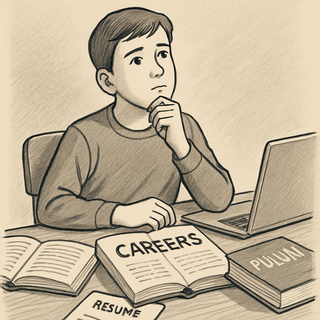 A young student sitting at a desk with career-related materials, appearing thoughtful about their future. Student contemplating academic interruptions and career planning.
