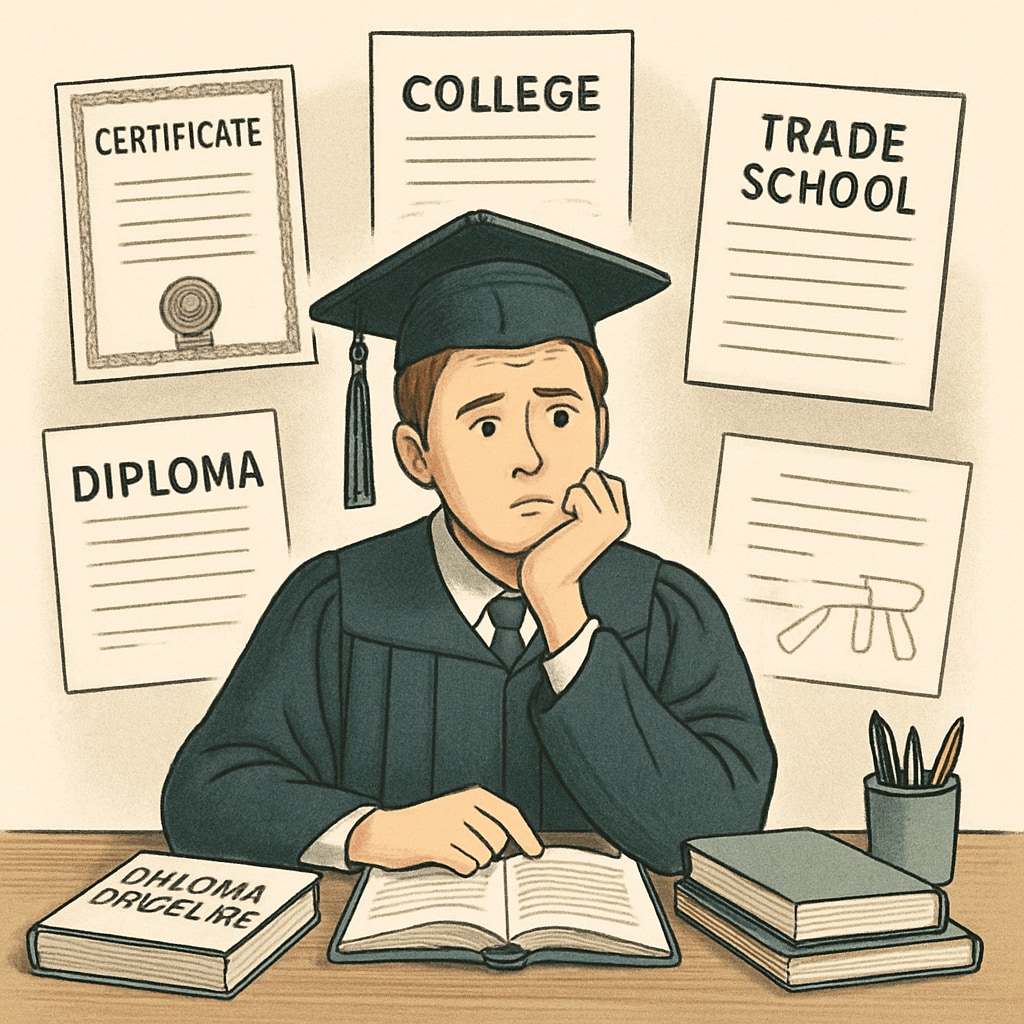 A high school graduate reviewing diploma options and feeling uncertain about their future. A student contemplating their revised high school diploma and future options.
