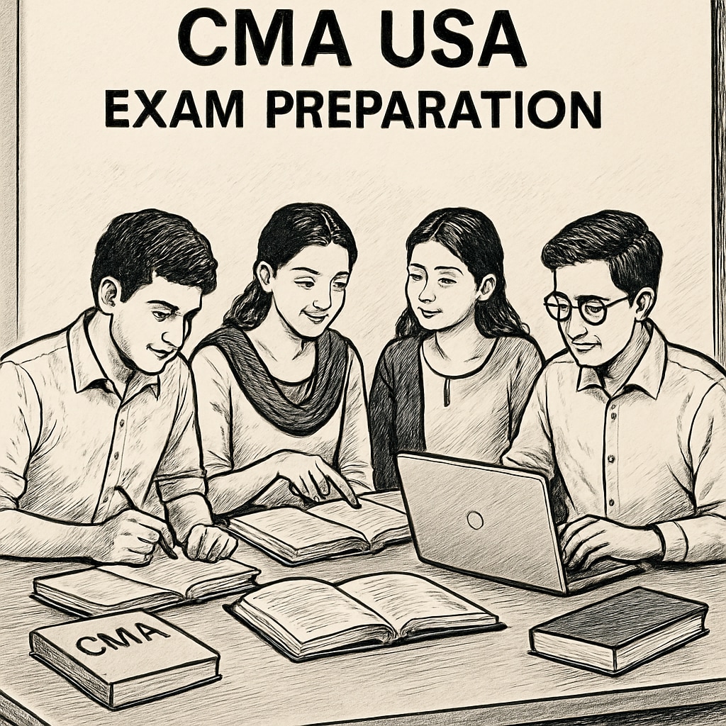 A group of students in Kerala collaborating on CMA USA exam preparation, seated at a table with books and laptops. Kerala CMA USA aspirants collaborating on exam preparation.