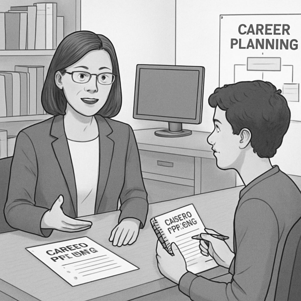 A professional career counselor discussing options with a student in an office setting, offering guidance for career planning. Career counselor advising a student on major selection and professional paths.