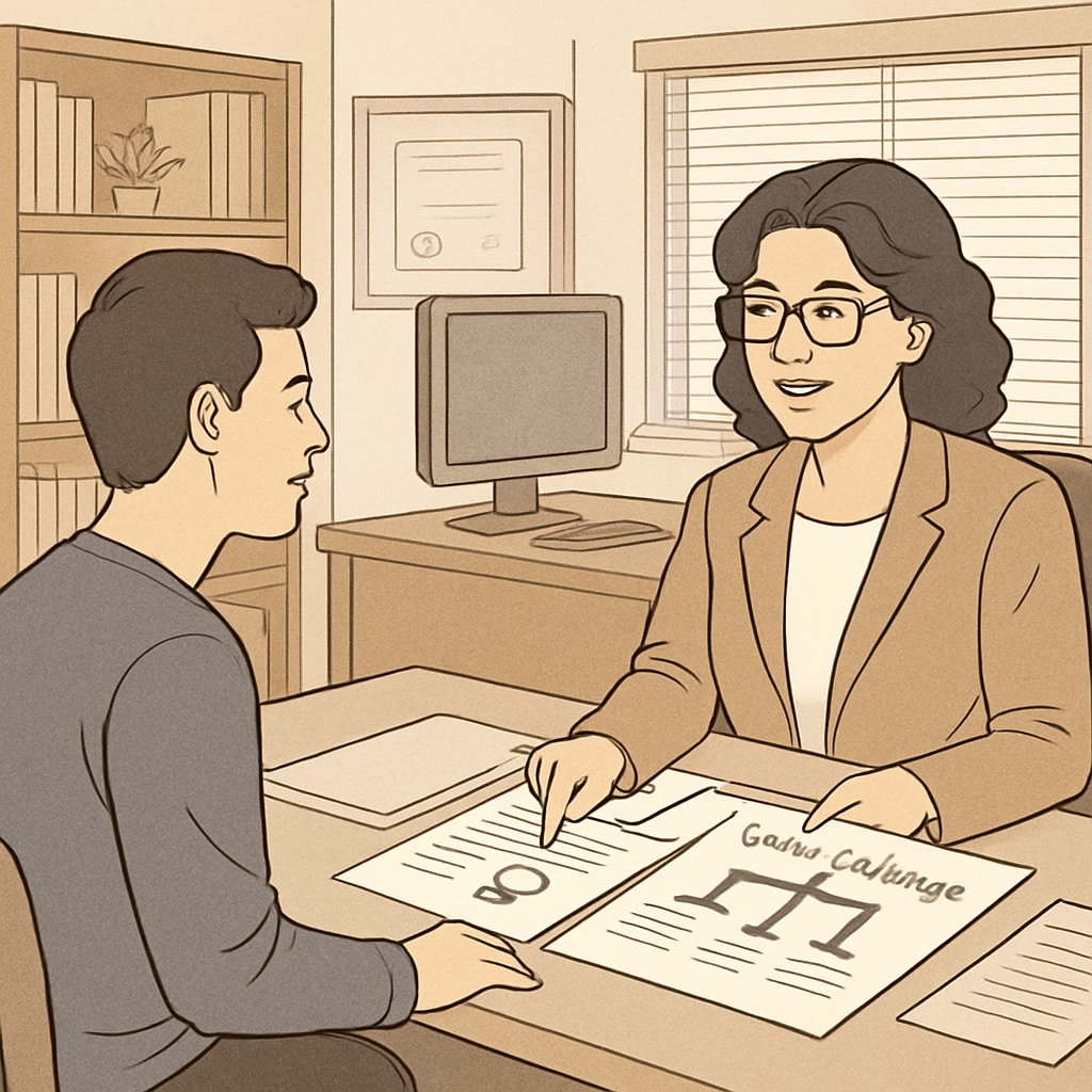 A student meeting with an educational advisor to discuss diploma options and career pathways. A student consulting an advisor about changing educational paths.