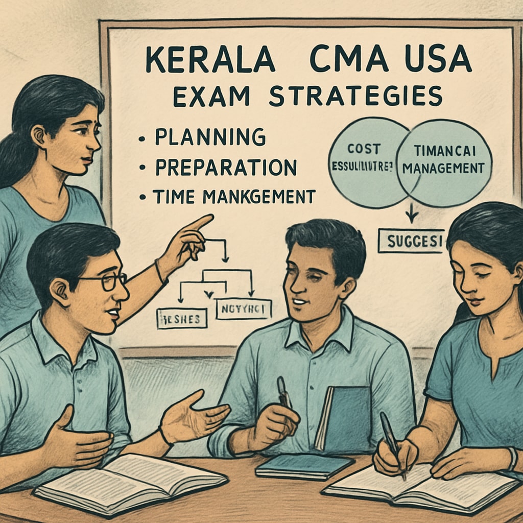 Kerala-based CMA USA aspirants discussing exam strategies in a classroom setting, with a whiteboard displaying key concepts. Kerala CMA USA aspirants discussing exam strategies in a classroom.