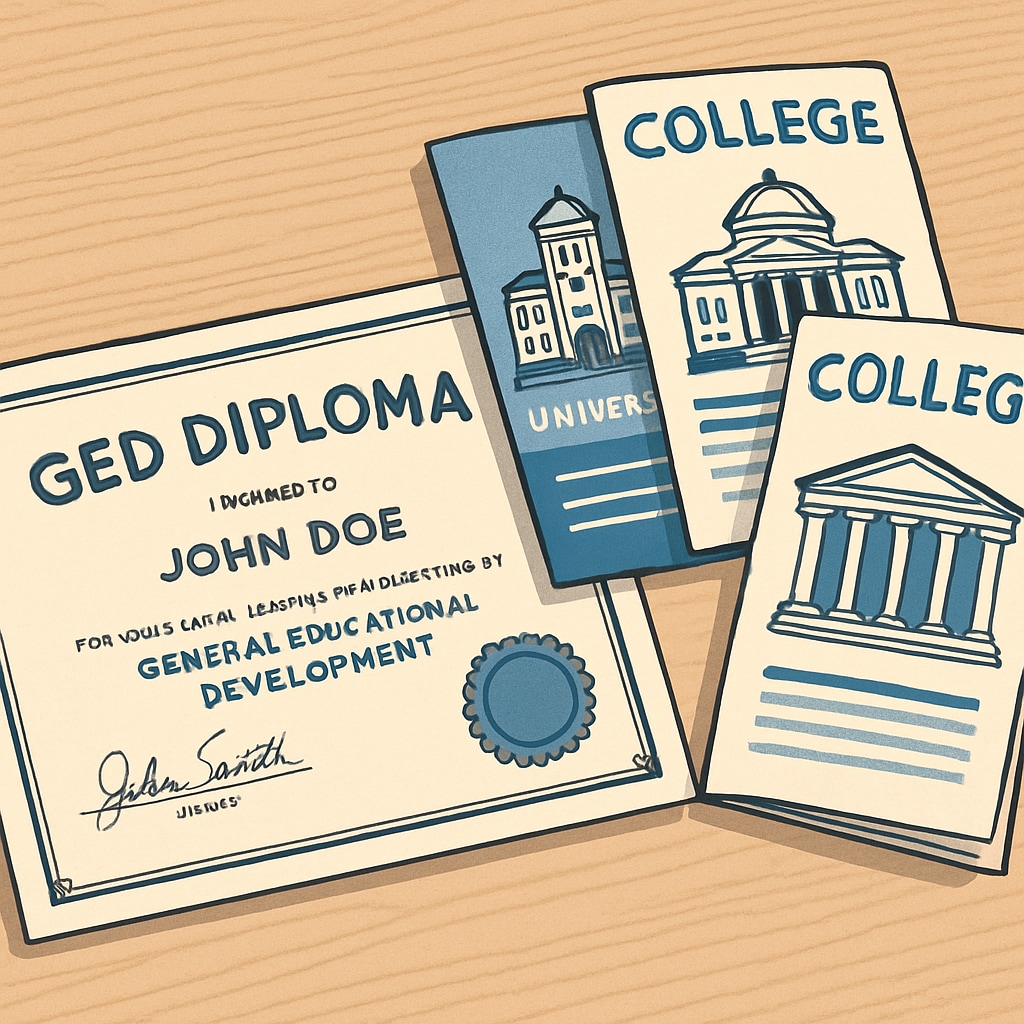 GED diploma and college brochures showcasing education pathways for GED holders.