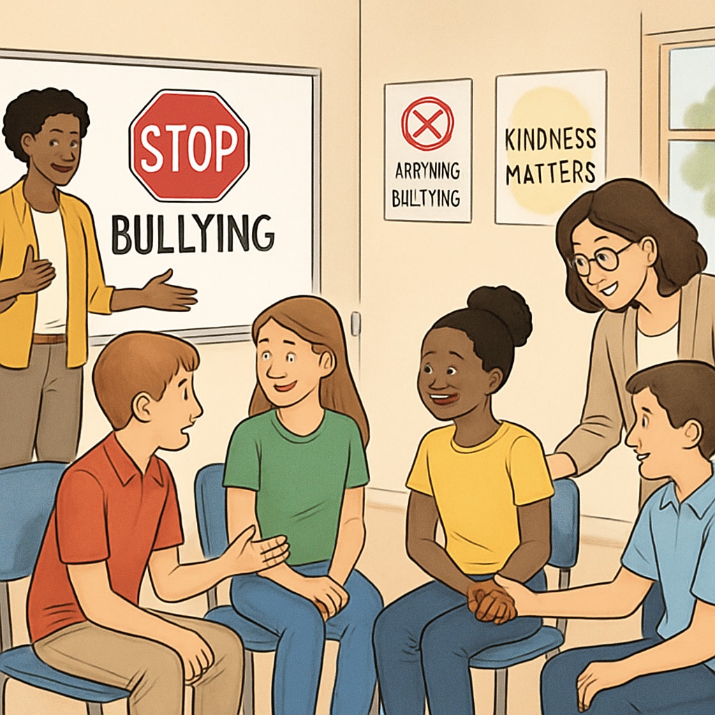 Anti-bullying workshop with students and teachers discussing bullying prevention strategies.