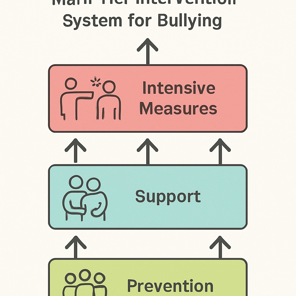 Multi-tier intervention system for bullying management, highlighting three levels of response.