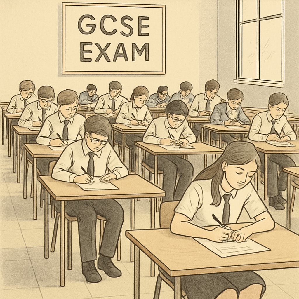 Students sitting in an exam hall during GCSE testing, representing academic milestones. GCSE students taking exams in a traditional testing environment.