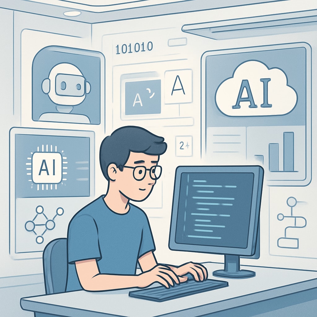 A futuristic workspace with a young programmer coding on a computer, symbolizing the career path of programming in the AI era. A young programmer working in a futuristic AI-driven workspace.