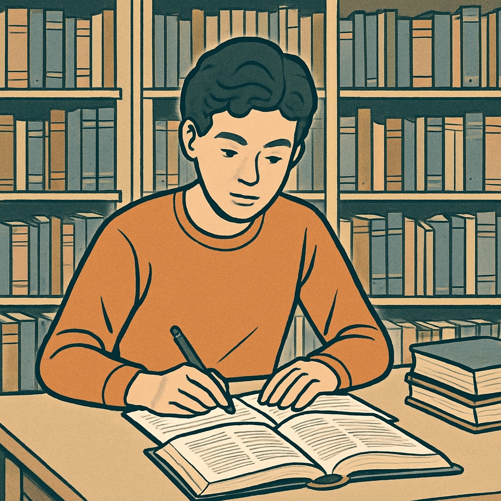 A student in a library using academic resources, highlighting the importance of study skills and independent learning. Student in a library using academic resources, emphasizing study skills in an English-medium university.