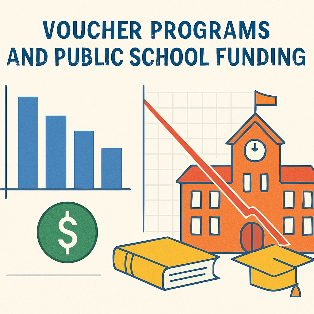A graphic representation of declining public school budgets due to voucher programs, illustrating financial impact. Declining public school budgets visualized through a chart tied to voucher programs.