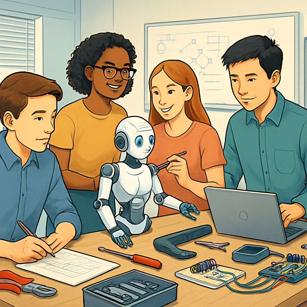 A team of young engineers collaborating on a robotics project, showcasing the future of engineering careers in the AI era. Young engineers working on a robotics project in a modern lab.
