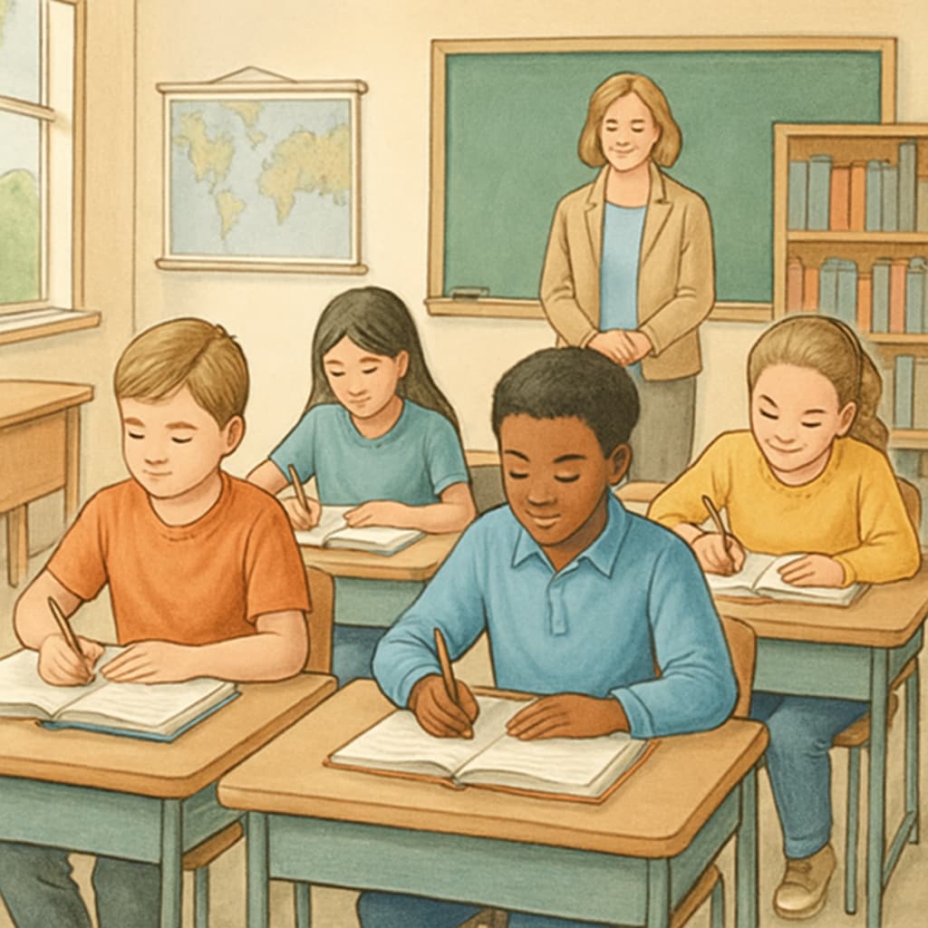 Students in a classroom without smartphones, improving concentration.