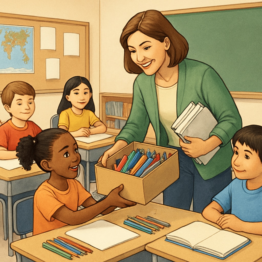 A teacher distributing donated art supplies to students in a classroom setting. Teacher giving out donated art supplies to students in need.