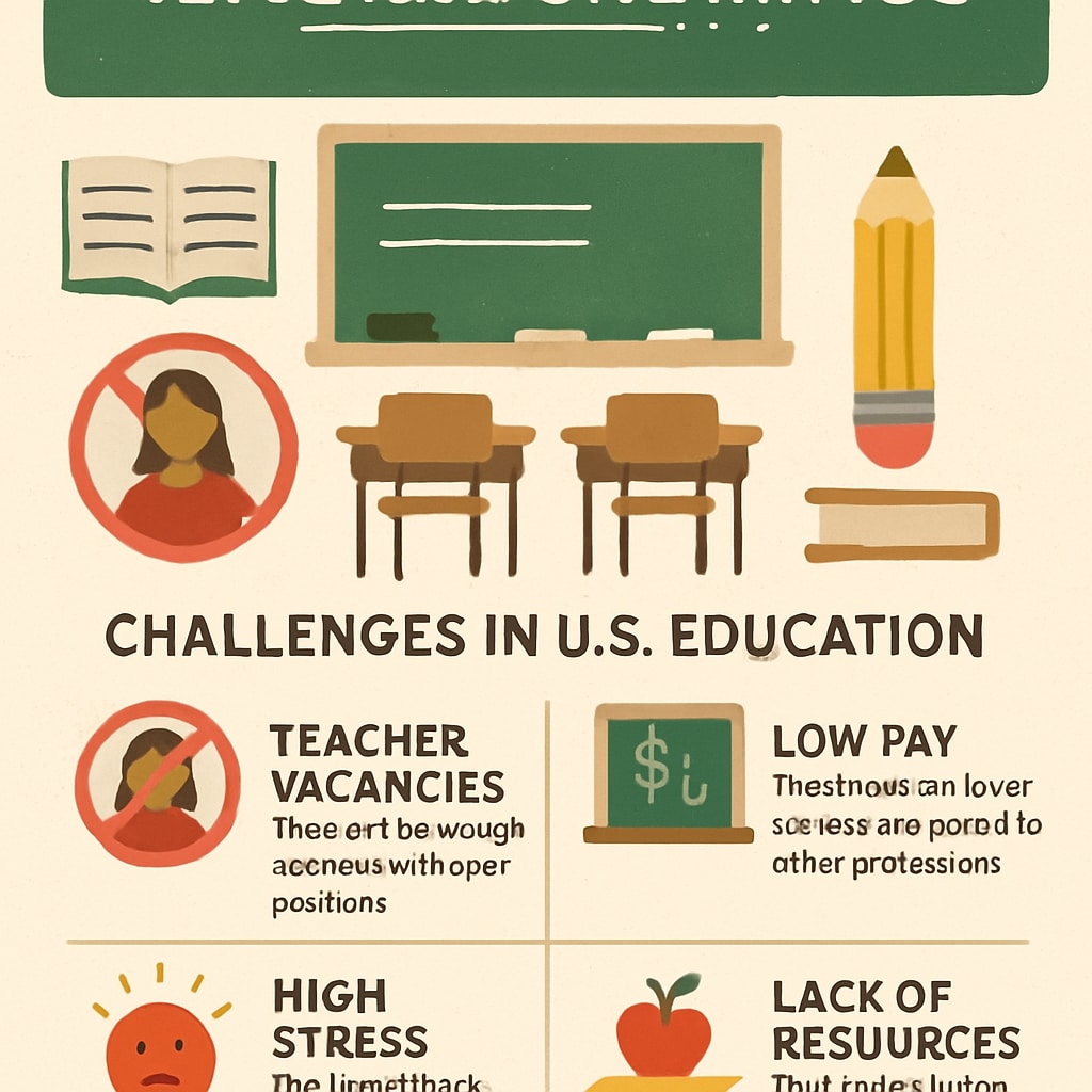 A teacher shortage infographic highlighting the current challenges in U.S. education. Infographic illustrating teacher shortages in U.S. schools.