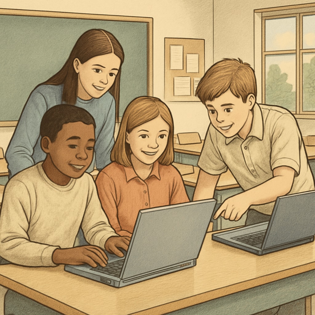 Students using donated laptops during a collaborative classroom activity. Students collaborating with donated laptops in a classroom.