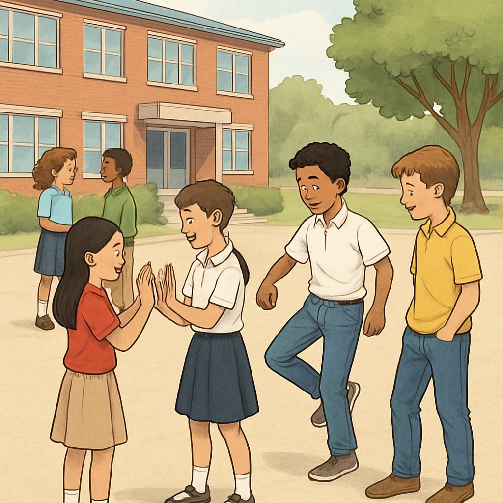 Students socializing in a schoolyard without smartphones, fostering connections.