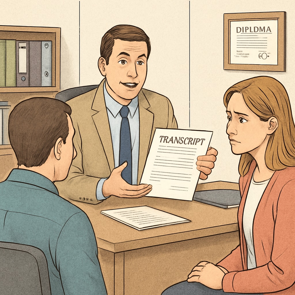 A school administrator discussing transcript policies with concerned parents at a desk. School administrator explaining transcript policies to parents dealing with unpaid tuition.