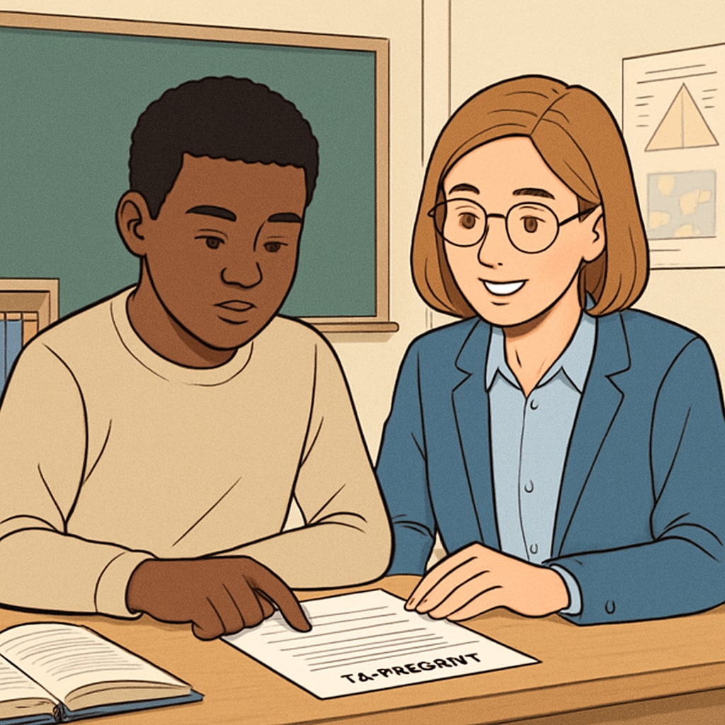 A student reviewing their transcript with a teacher in a classroom setting. Student checking academic transcripts with a teacher in a K12 school environment.