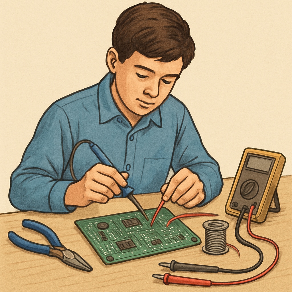 K12 student wiring a circuit board as part of an electrical skills apprenticeship program.