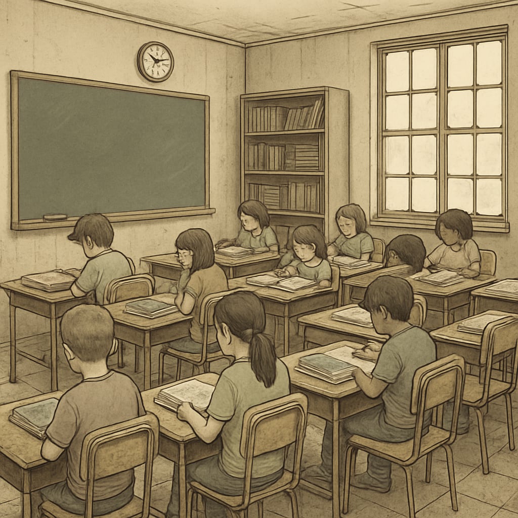 Public school classroom affected by underfunding, showcasing outdated resources and overcrowding.