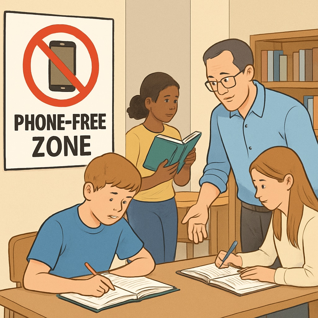 School phone-free zone demonstrating balanced device management policies.