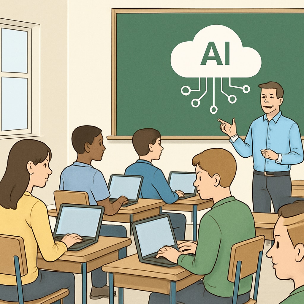 Students in a classroom using laptops, representing AI tools in education.