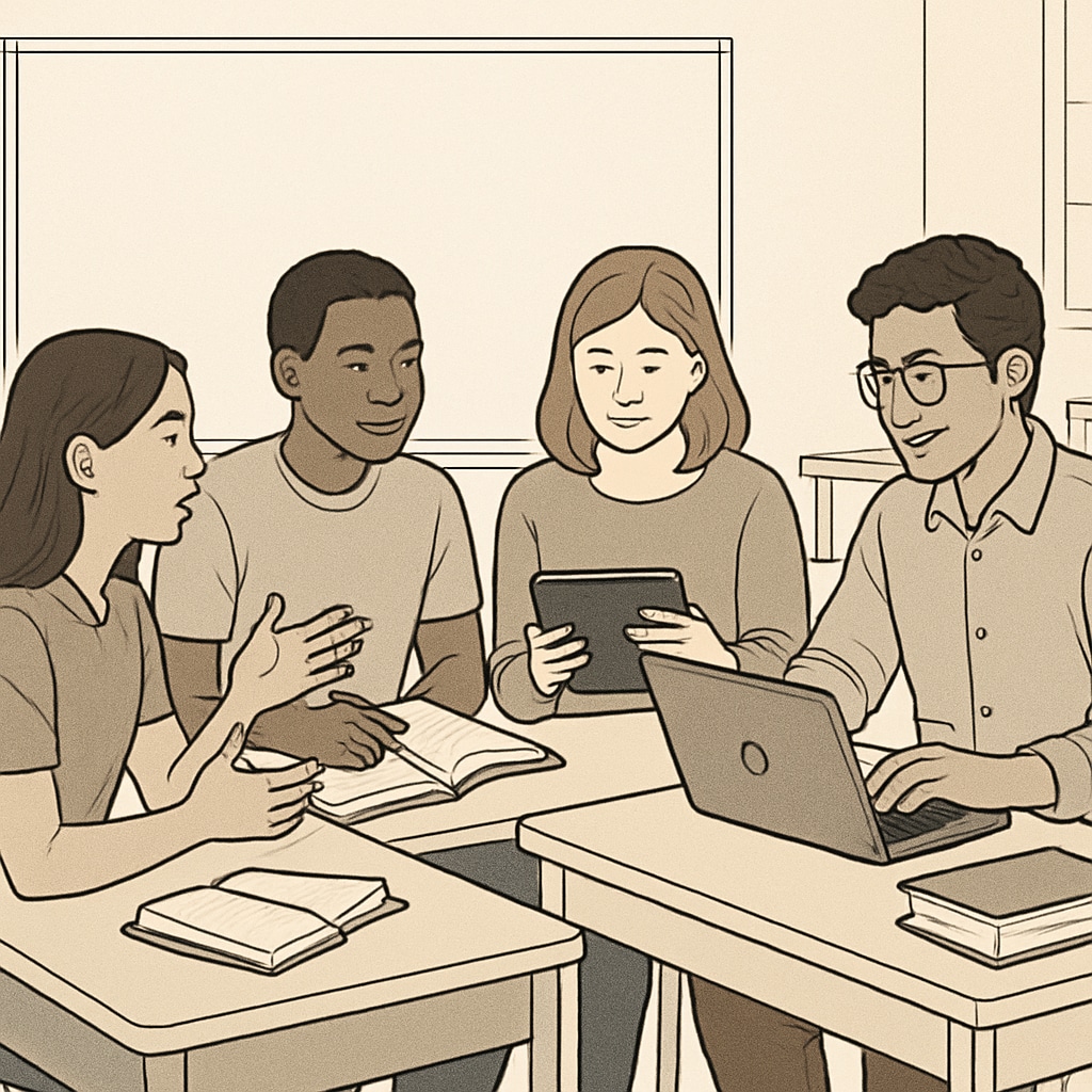 A group of diverse students working collaboratively in a classroom setting to represent modern learning methods. Diverse K12 students collaborating on learning methods in a classroom.