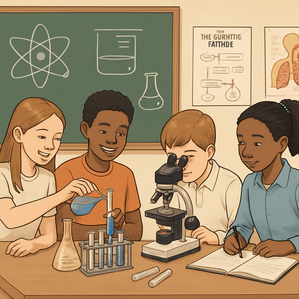 An engaging middle school science experiment being conducted in a classroom, illustrating inquiry-based learning. Middle school students performing a science experiment as part of an OpenSciEd lesson.