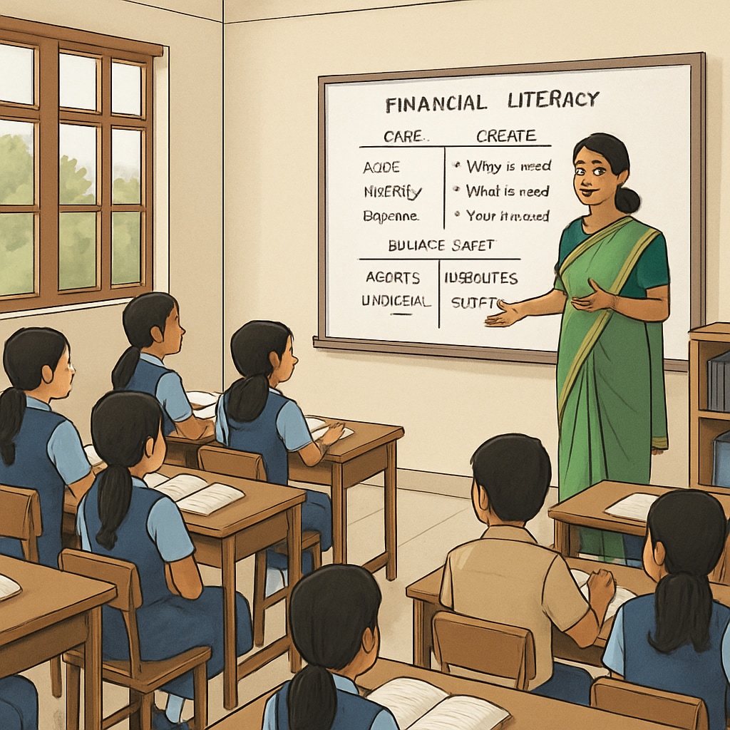 A classroom in Kerala where students are learning about financial literacy, with a teacher explaining accounting principles on a whiteboard. Kerala students learning financial literacy, preparing for CMA USA.