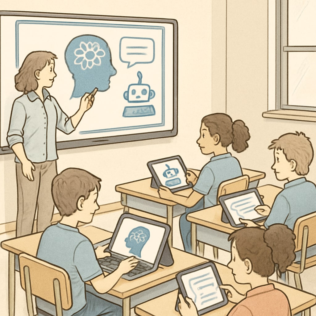 A classroom setting showcasing AI-powered tools, including interactive whiteboards and student devices, highlighting the collaborative use of technology in modern education. AI-powered classroom with interactive tools and student engagement, reflecting the integration of AI technology in education.