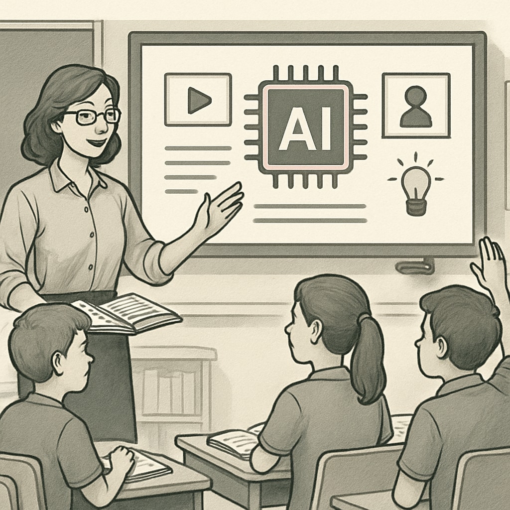 A teacher interacting with students using an AI-powered educational platform. The image reflects the collaboration between technology and human instruction. A teacher using an AI education application in a classroom setting, showcasing the interaction between technology and teaching.