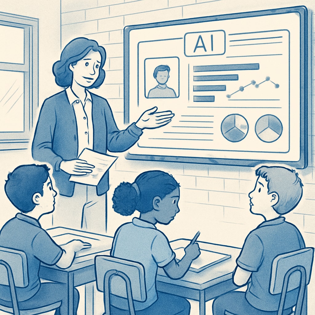A teacher engaging with students while an AI-powered screen displays personalized learning analytics, emphasizing the collaboration between educators and AI tools. Teacher interacting with students alongside AI-generated learning analytics, symbolizing the evolving role of educators in AI classrooms.