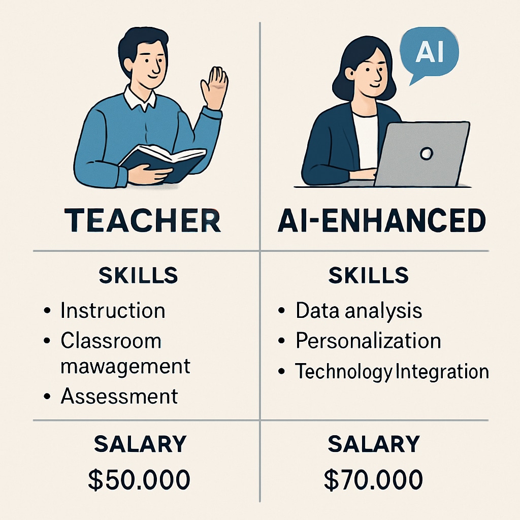 A chart comparing traditional teacher roles with emerging AI-enhanced positions, illustrating changes in skills and salaries. A chart showcasing the shift in teacher roles and salaries due to AI education applications.