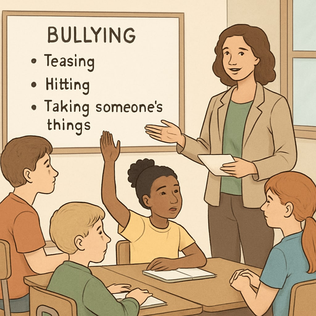 A teacher conducting a workshop with students on identifying bullying behaviors. Teacher leading a workshop on identifying bullying behaviors.