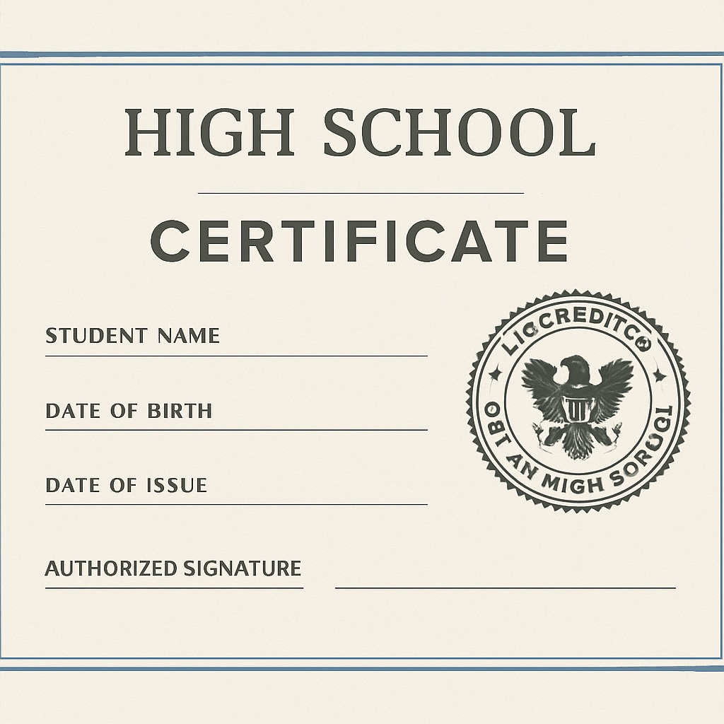 A certificate or transcript highlighting a U.S. online high school’s accreditation seal. Accredited online high school diploma certificate example.