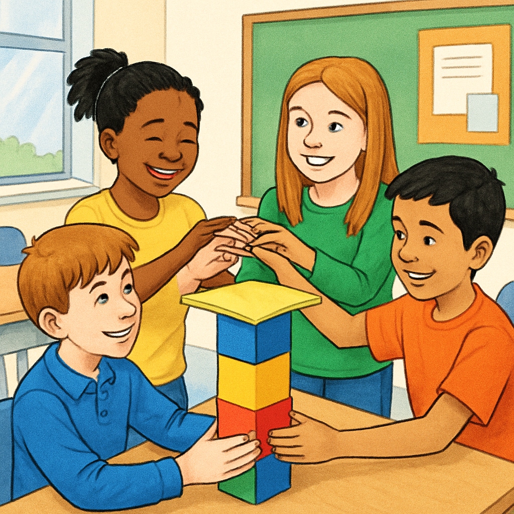 A group of students engaging in a team-building activity to strengthen peer relationships. Students participating in a team-building activity to foster relationships.