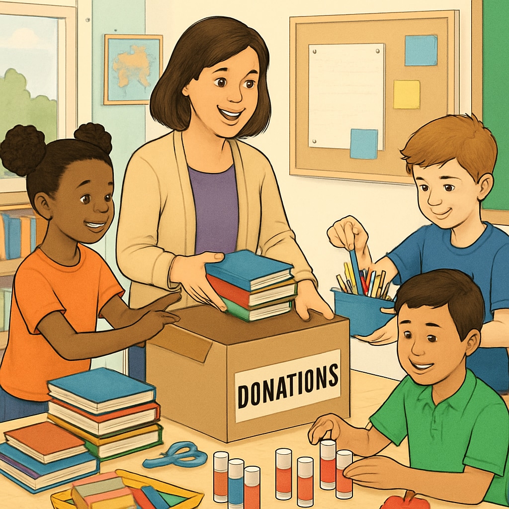 Teacher organizing supplies in a classroom, emphasizing teacher support and classroom donations.