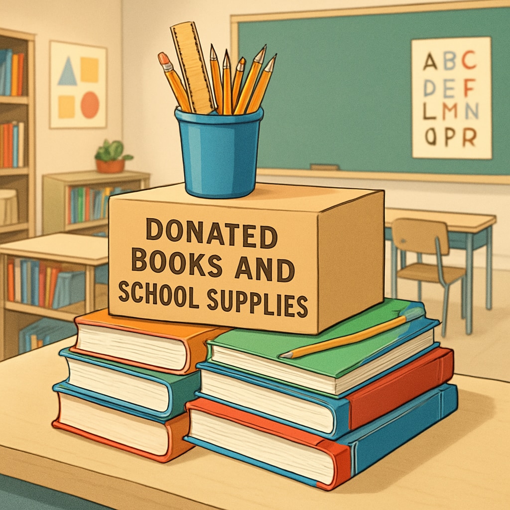 Donated books and supplies being delivered to a classroom, symbolizing education resource contributions.