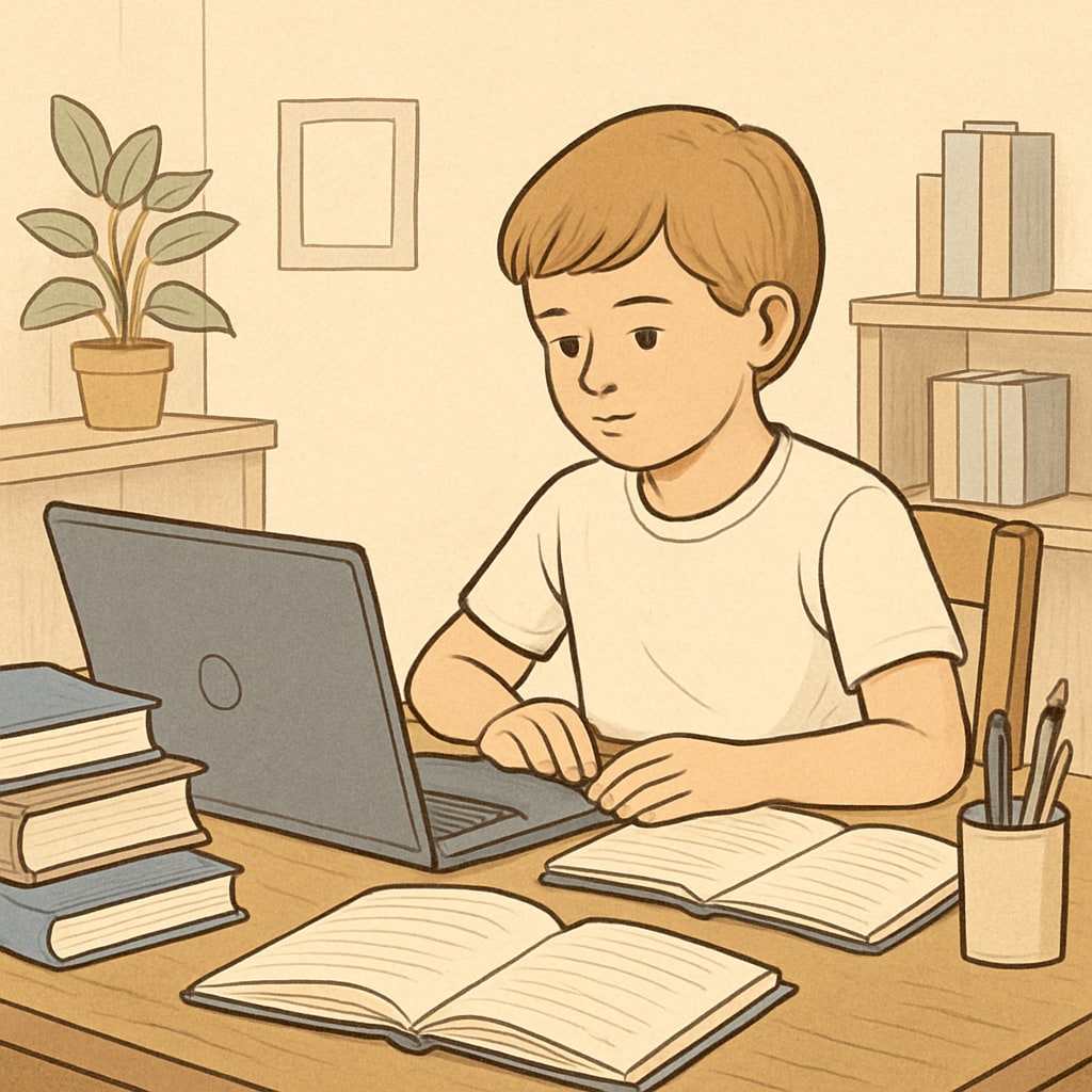 Child studying at home using a laptop, representing personalized learning in online public schools.