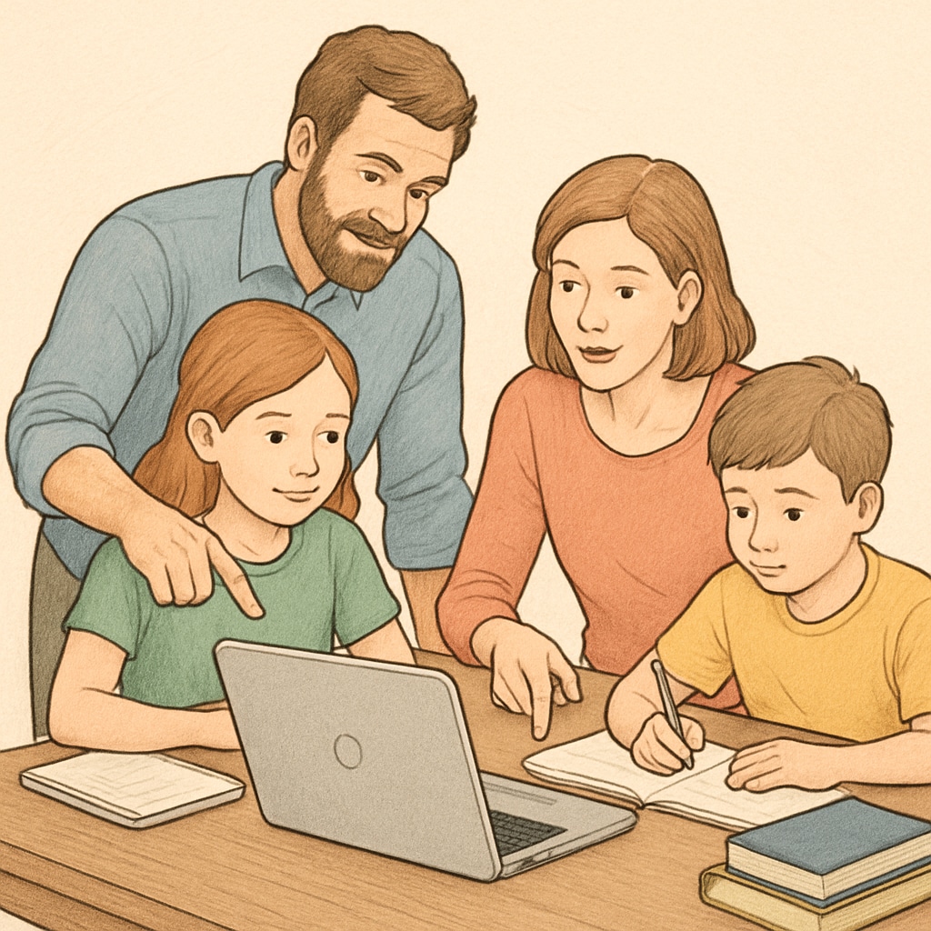 Family collaborating on an online school assignment, showcasing the flexibility of public online schools.