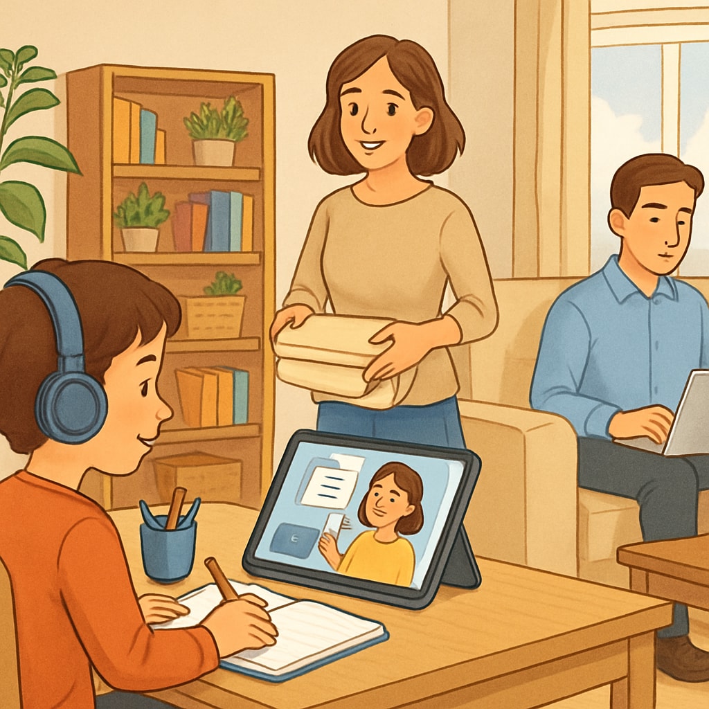 Family supporting a child attending an online class, showing the flexibility of online education.