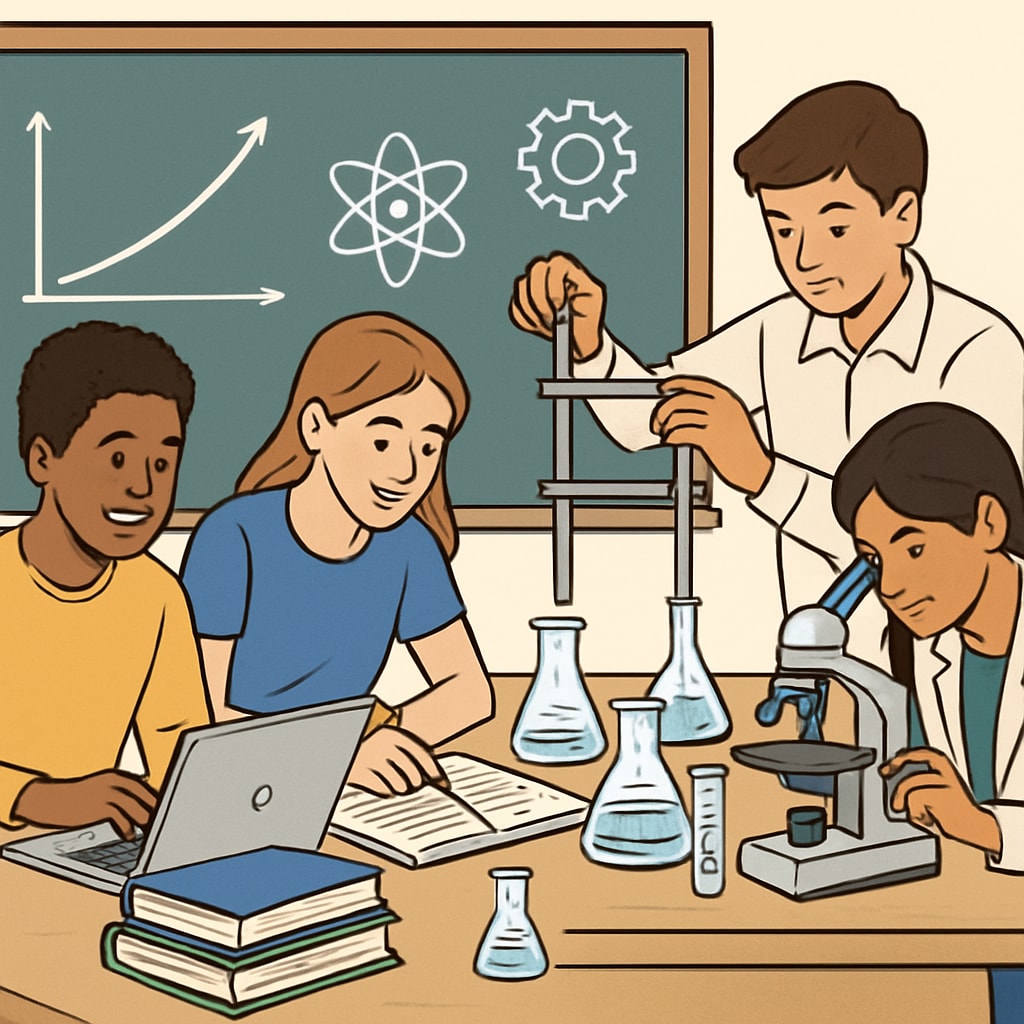 Students engaged in STEM-related activities, demonstrating teamwork and problem-solving skills in a classroom environment. High school students working on STEM projects related to professional major selection.