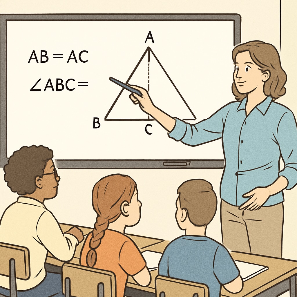 A teacher explaining geometry concepts with a smartboard in a high school math class.