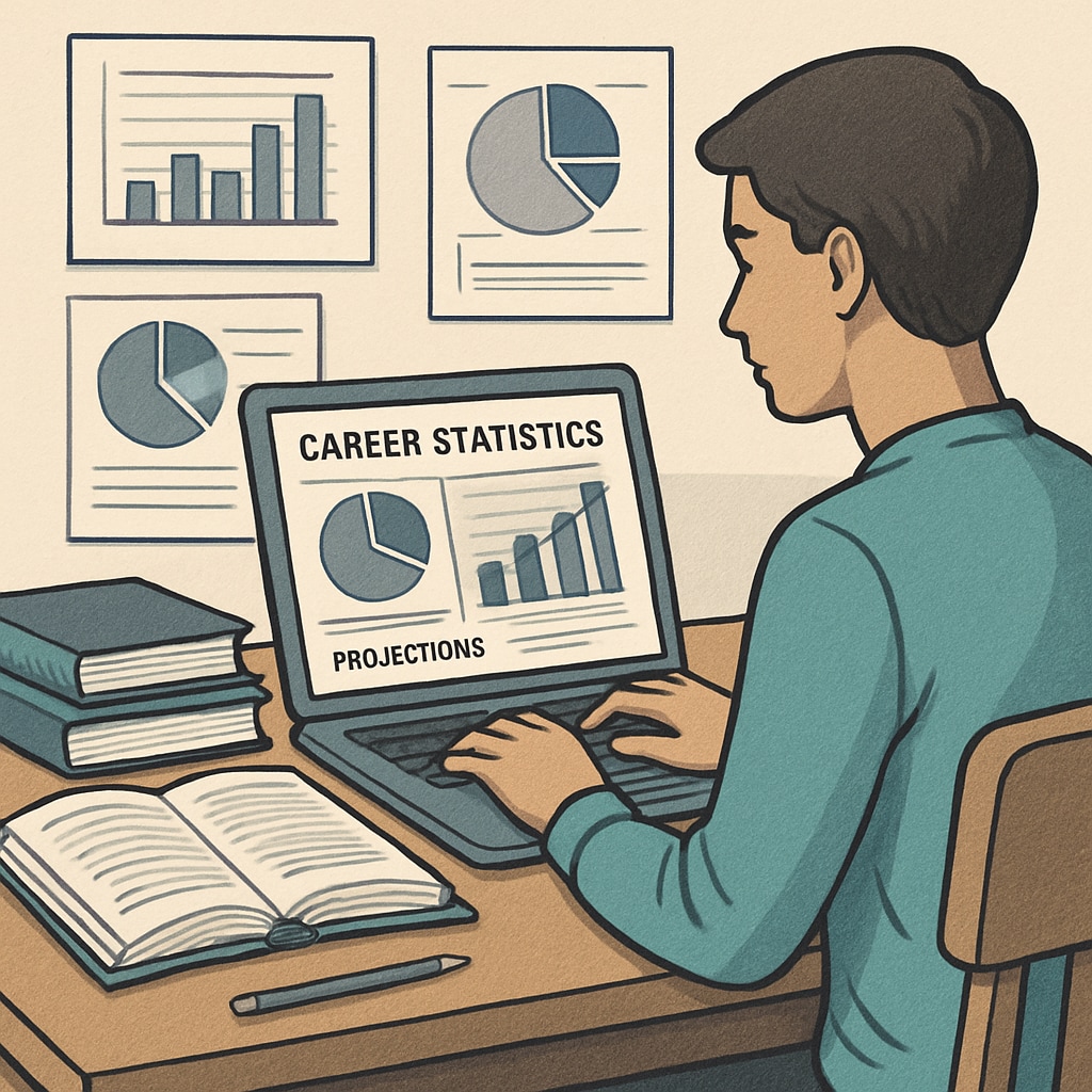 A student analyzing career statistics and projections on a laptop to make an informed college major choice. College planning student reviewing data for math and science-related majors.