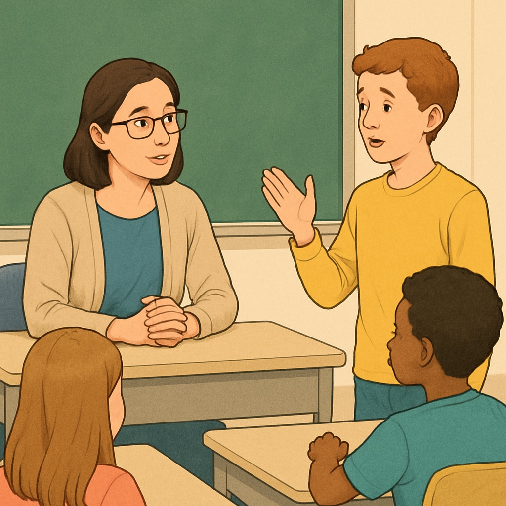 Teacher listening to student during classroom discussion, emphasizing respect and understanding.