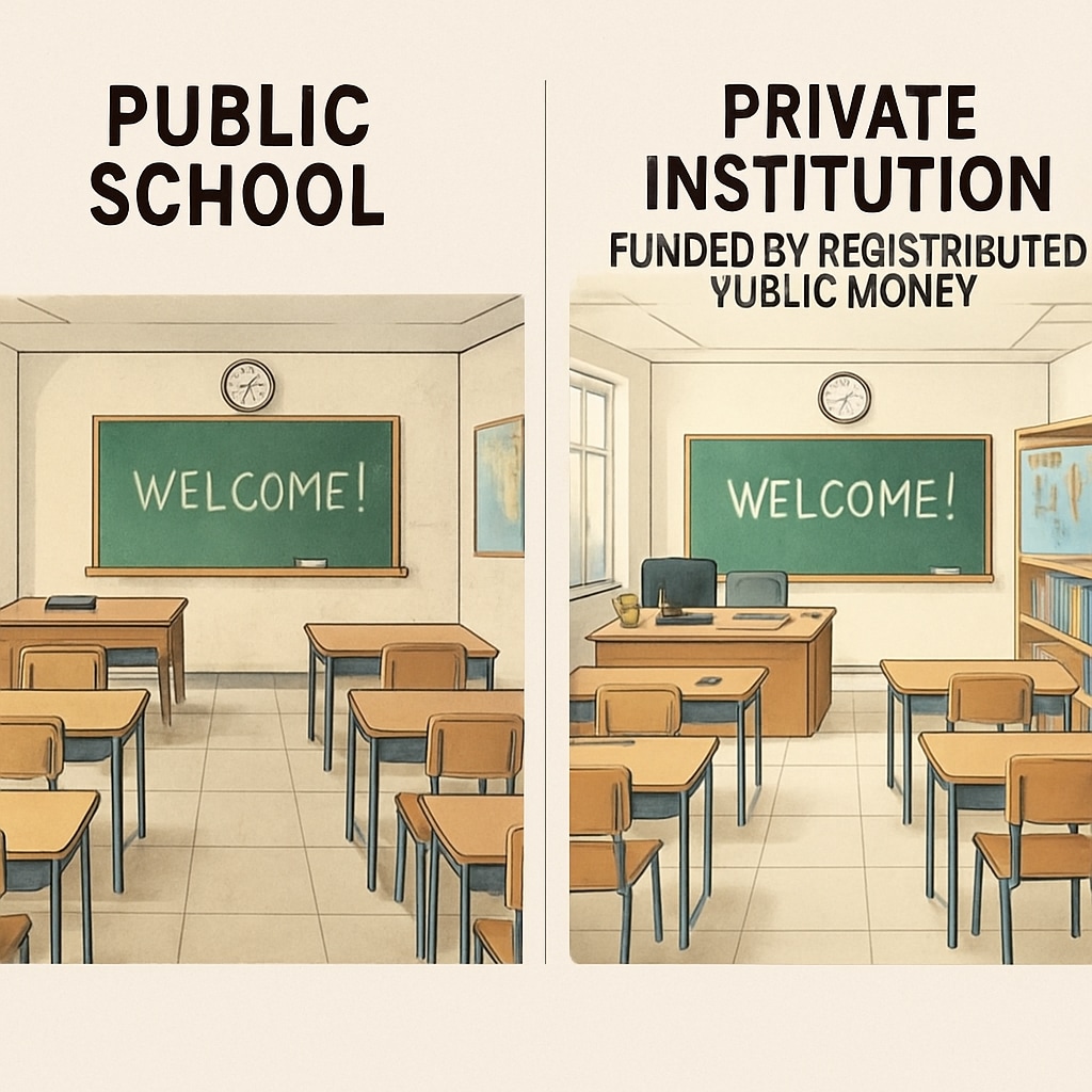 Comparison of public schools versus private institutions benefiting from redistributed funds.