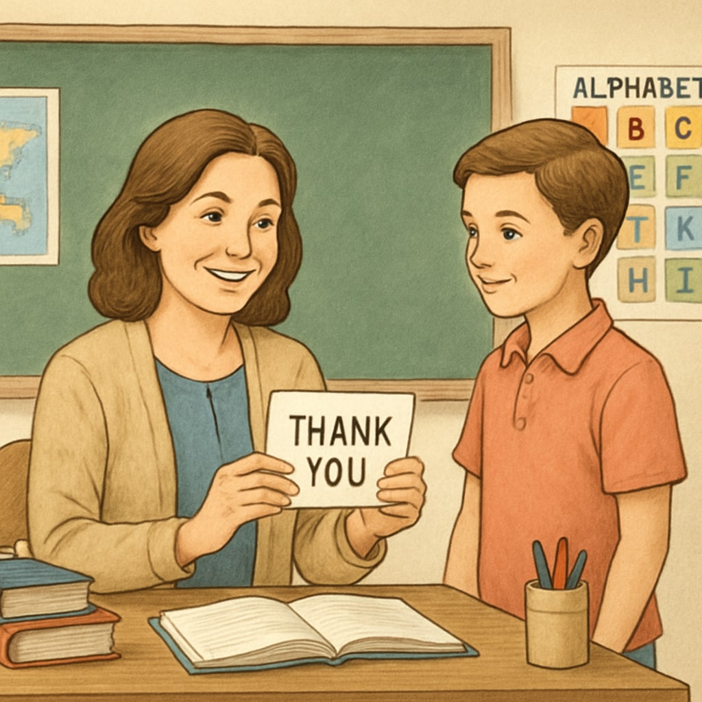 Teacher receiving a thank-you note, illustrating students' gratitude and its emotional impact.