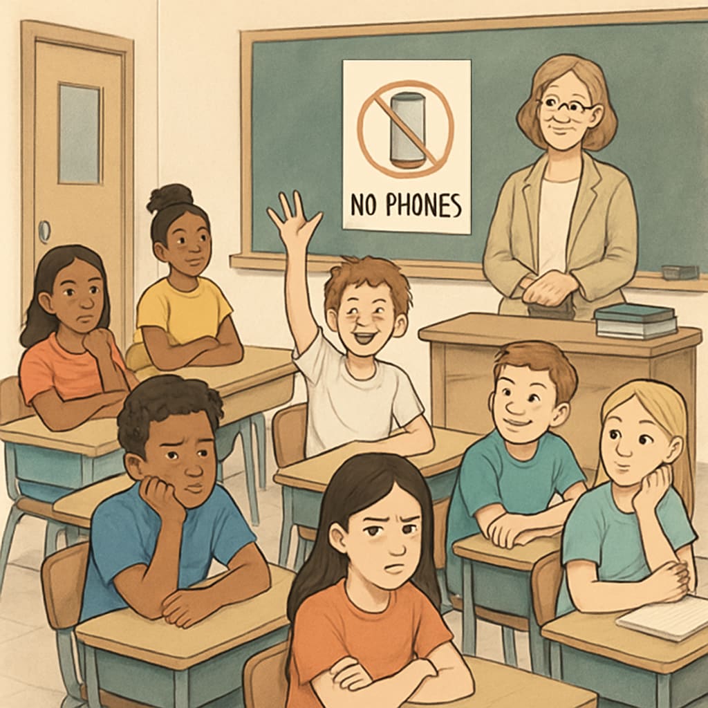 Students reacting to school phone ban policy, showcasing different opinions.